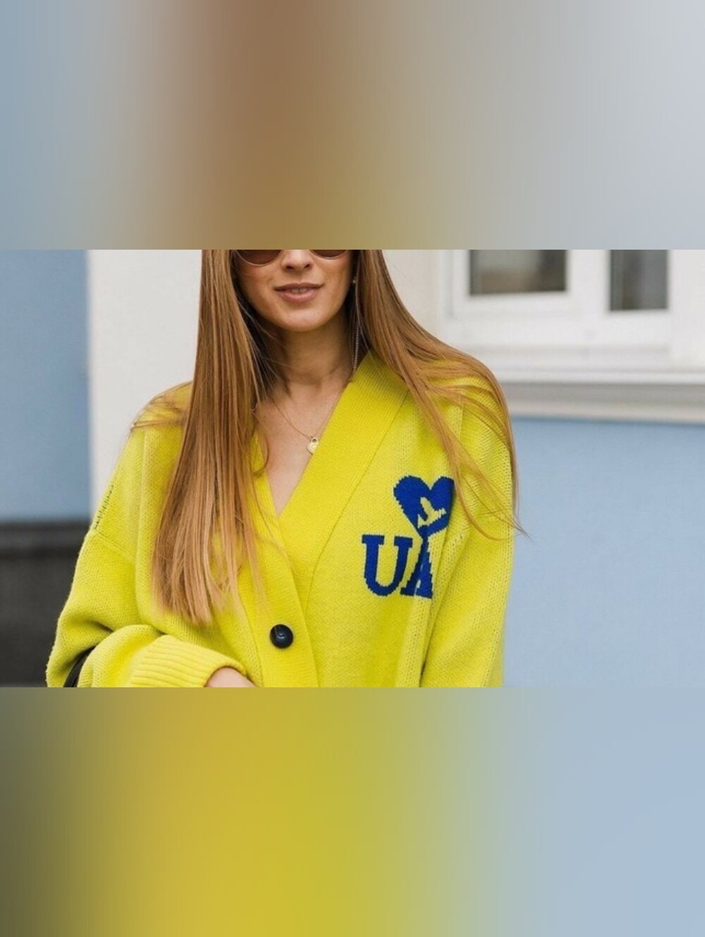 RARE Vika Adamskaya Luxury Oversized Yellow Knit Cardigan UA Blue Heart OS